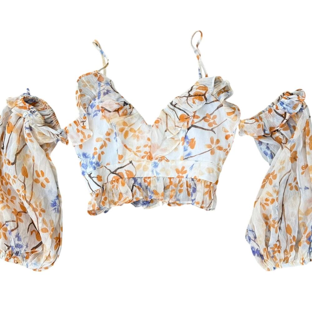 Here Comes The Sun Floral Crop Top Cold Shoulder Modern Womens Size S White